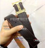 Perfect Replica Black Leather Belt Yellow Thread With Pattern Gold Buckle